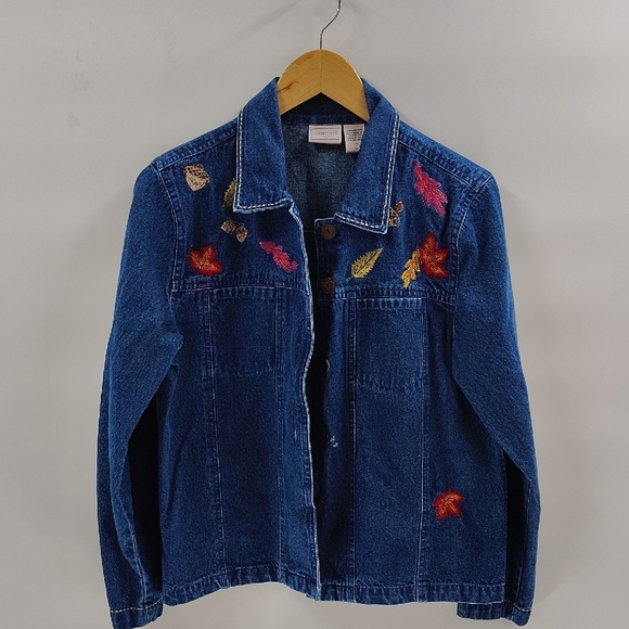 Vintage Passport Fall Leaf Themed Jean Jacket Size L Button Up Embroidery Cotton - Picture 1 of 7